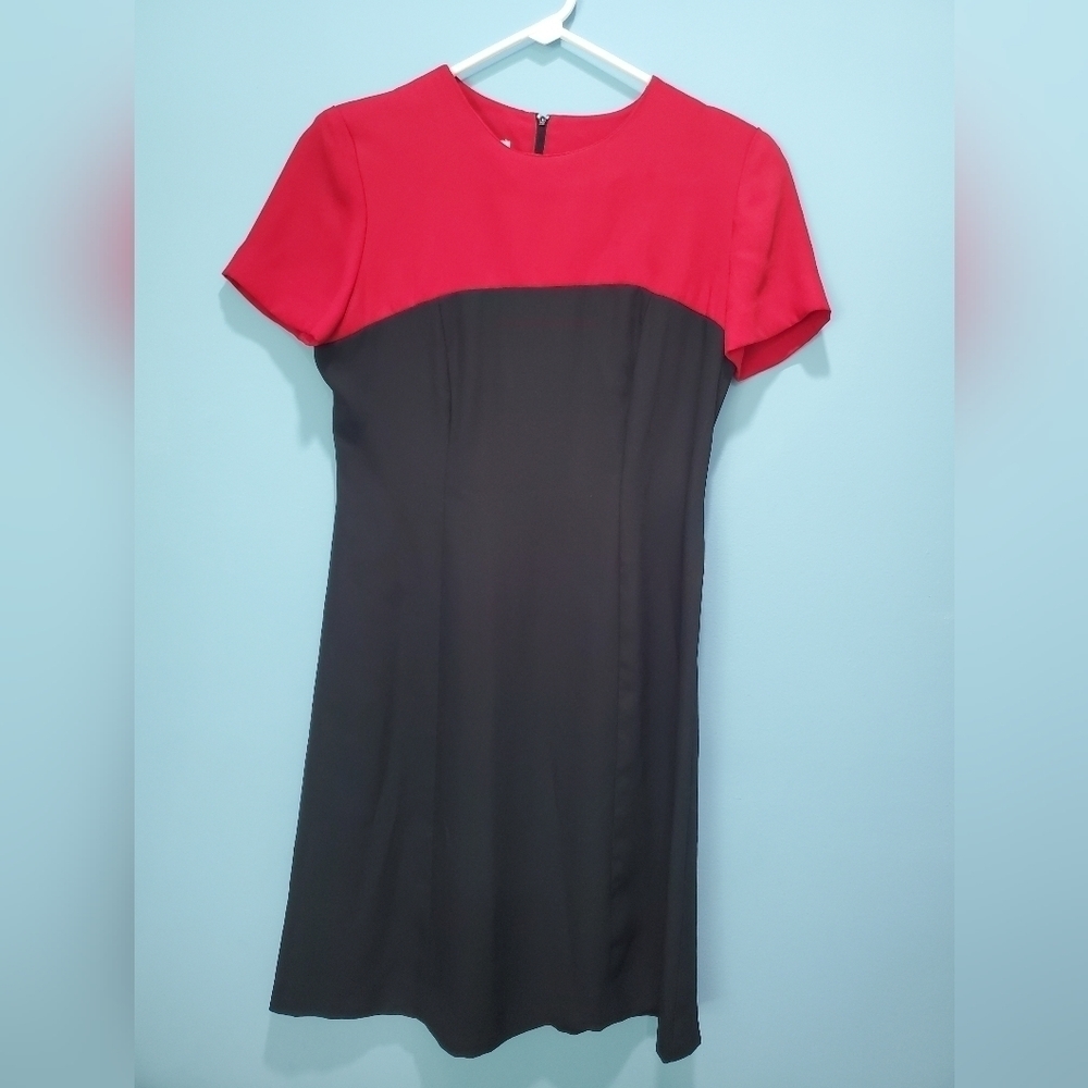 Leslie Fay Vintage Red and Black Short Sleeve‎ Sheath Dress (4_6)P